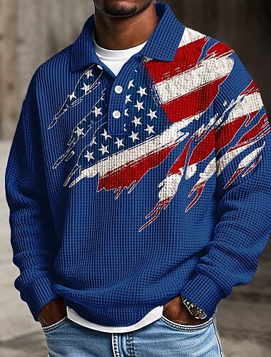  4 juli 2026 250e Voor heren Amerikaanse Amerikaanse vlag Polo Met Textuur Lange mouw Poloshirt Revers Casual Sportkleding Alledaagse kleding 3D-afdrukken Lente Herfst Winter blauw Wit Rood