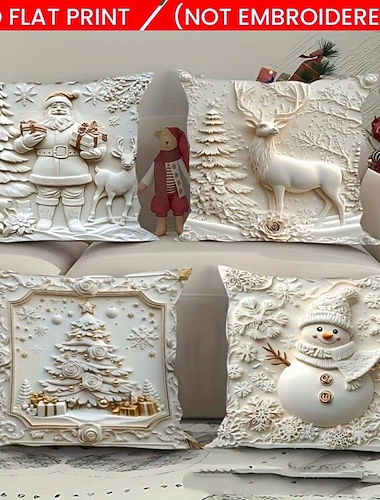  4 kpl valkoisia joulutyynynpäällisiä setti: joulupukki, lumiukko, joulukuusi &porokuvioiset juhlavat tyynynpäälliset sohvalle ja olohuoneen sisustukseen