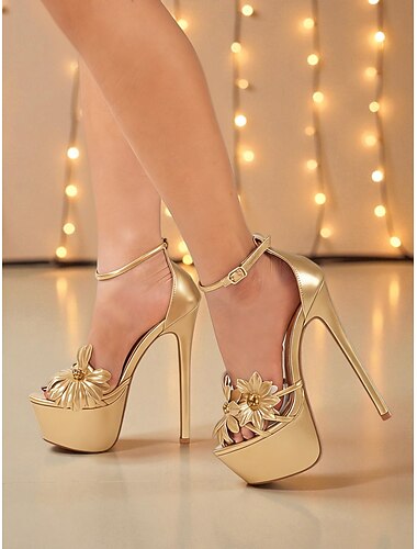  Goldene Plateau-Stilettos für Damen mit floralen Verzierungen – glamouröse High Heels für Partys, Nachtleben und besondere Anlässe