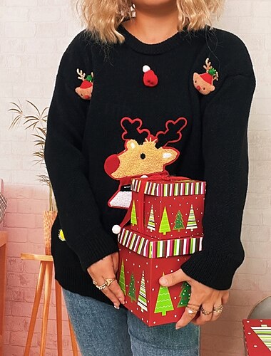  Per donna Felpa Maglione Pom Pom regalo di Natale Streetwear Renne di Natale A Coste Girocollo Lavorato a maglia Manica Lunga Top Regolari Maglia Natale All'aperto Ferie Nero Rosso Autunno Inverno