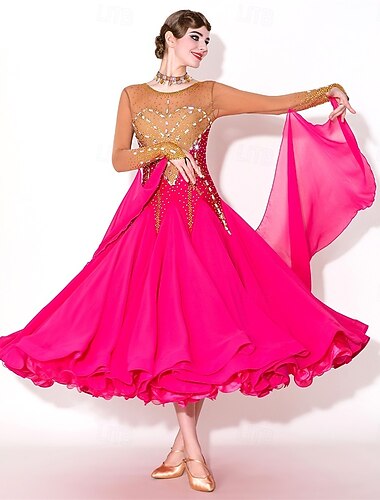  Elegantes Fuchsia für Damen &Goldenes Ballsaal-Tanzkleid, mit Strasssteinen besetzt, Walzer, Tango, Modern Rumba, Wettbewerbs- und Aufführungskleid