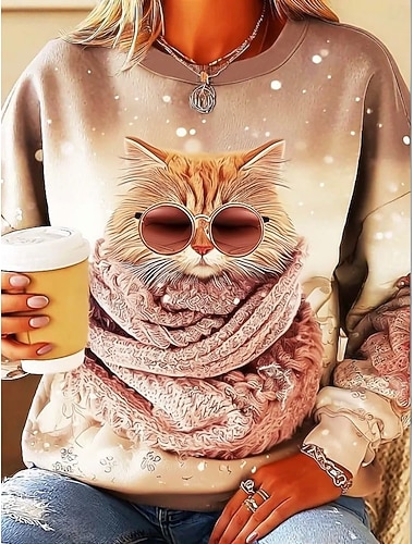  Γυναικεία Φούτερ Γραφική Ζώο Γάτα Καθημερινό Μακρυμάνικο Στρογγυλή Ψηλή Λαιμόκοψη Κανονικά μπλουζάκια Δρόμος Καθημερινή Ένδυση Causal Στάμπα Ανθισμένο Ροζ Θαλασσί Βυσσινί Χακί