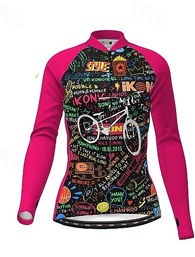  Dam Cykeltröja Grafisk Mönstrad Bokstav & Nummer Långärmad Cykel Överdelar med 3 bakfickor Bergscykling Vägcykling Fleecefoder Håller värmen Snabb tork Mjuk sporter Svart Fuchsia Orange Kläder