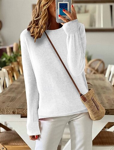  בגדי ריקוד נשים סוודר אלגנטית אופנתי סגנון חמוד צבע אחיד צווארון עגול קצר סרוג שרוול ארוך חולצות רגילות לִסְרוֹג בָּחוּץ בית עבודה שחור לבן סתיו חורף