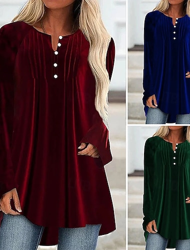  Damen Bluse Einfach Elegant Vintage Stilvoll Langarm V Ausschnitt Lange Oberteile Täglich Ferien Ausgehen Gerafft Knöpfe Asymmetrischer Saum Blau Wein Grün Herbst Winter