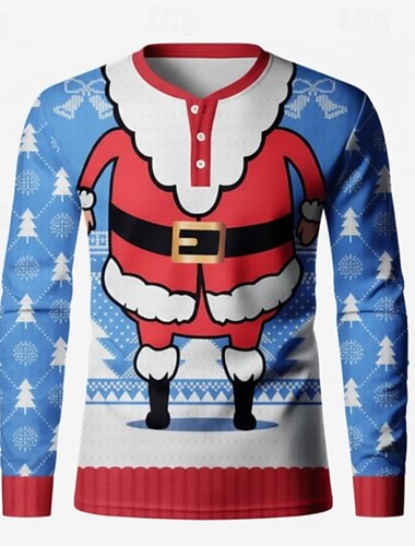  Муж. Новогодняя тематика Дед Мороз Рубашка Хенли Длинный рукав Мода Симпатичные Стиль Повседневные Повседневные Праздники На выход Зима Весна & осень Синий Хенли Футболка Хенли