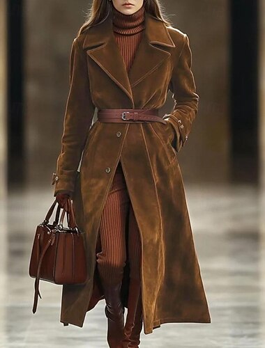  女性用 冬物コート コート 保温 快適 ポケット ボタン エレガント 平織り アウトドア バケーション ストリート デイリーウェア ロング ノッチドラペル レギュラー 長袖 アウターウェア カーキ色 秋 冬