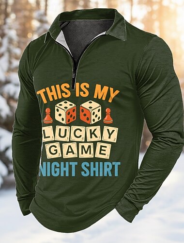  男性用 文字 ジップポロシャツ 長袖 ポロシャツ ラペル カジュアル アウトドア デイリーウェア 3Dプリント 春 秋 冬 ブルー ルビーレッド グリーン