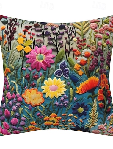  花柄の枕カバー、装飾クッションケース、フェイク刺繍入り、2Dフラットプリント、柔らかいポリエステル生地、ソファ、寝室、リビングルーム、ホームデコレーション用