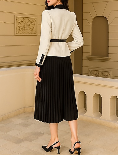  Todelt A-linje Te-lengde Knelengde Cocktail Kjole Langermet Skjortekrage Elegant Årgang Fest Formell Polyester Kjole til brudens mor med Plissert Fargeblokk