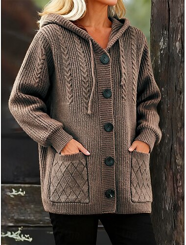  damegenser cardigan jakke daglig kabelstrikk tykk hette med lomme strikket hette langermet vanlig topper strikket daglig kamel mørkegrå vår høst