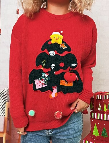  בגדי ריקוד נשים סוודר פונפונים מתנת חג המולד סגנון רחוב עץ חג המולד מצולע צווארון עגול קצר סרוג שרוול ארוך חולצות רגילות לִסְרוֹג חג מולד בָּחוּץ חגים אודם תלתן סתיו חורף