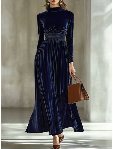  Dame Blå Svart Vin Vinter Maxikjole Plissert kjole Bursdag Formelt Formell Normal عادي Høyhalset