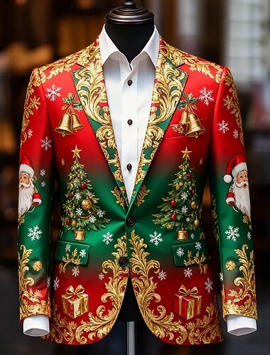  Kerstmis Voor heren Kerstboom Blazerjack Jas Comfortabel Ademend Artistiek Casual Feestavondkleding Dagelijks Festival 3D-afdrukken Knop Herfst winter Inkeping Lange mouw blauw Rood Goud