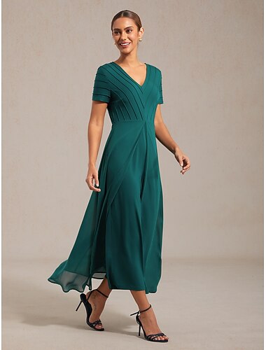  Macacão feminino verde escuro com decote em V, design com painéis, duas peças sintéticas, fluidas, transparentes, tecido elástico, para convidados de casamento, primavera, verão e outono