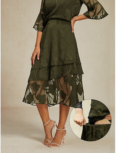  Femmes Élégant Occasionnel Midi Taille Moyenne Jupes Fleuri Dentelle A Volants Ourlet irrégulier Micro-Élastique Date Décontracté Quotidien Olive Printemps, Automne, Hiver, Été Polyester