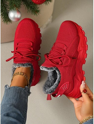  Rote, fleecegefütterte Damen-Sneaker – warme, gestrickte Freizeitschuhe mit rutschfester Sohle, bequeme Weihnachtsschuhe für Winterspaziergänge und Reisen
