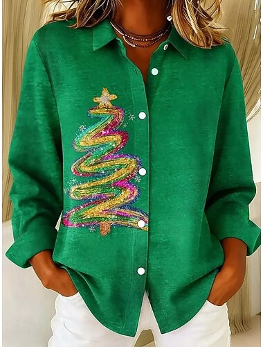  Natal Mulheres Blusa Gráfico Árvore de Natal Vintage Tropical à moda Manga Longa Colarinho de Camisa Tops regulares Trabalho Diário Para Noite Botões Imprimir Verde Outono Inverno