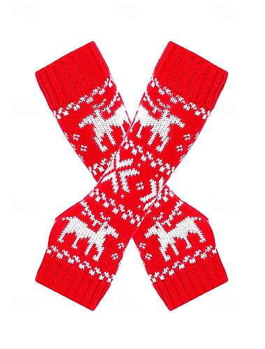  Stickade fingerlösa julvantar för kvinnor, röda och vita Fair Isle-renmönster, julvantar för vinterfester och festliga evenemang