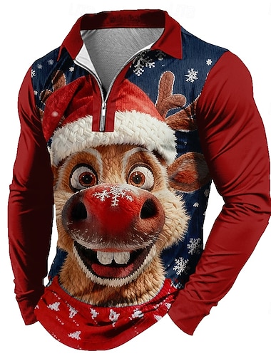  Noël Homme Chaque Dessin Animé 3D Polo manche longue Polos Revers Occasionnel Tenue quotidienne Tenue de fête Impression 3D Polo à fermeture éclair 1/4 Printemps Automne Hiver Bleu Noir Rouge