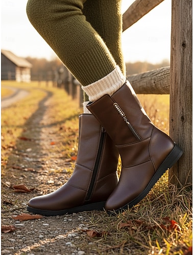  Dámské hnědé kozačky do půli lýtek s kamínkovým zipem – pohodlné ploché kozačky na každodenní chůzi i ležérní outfity