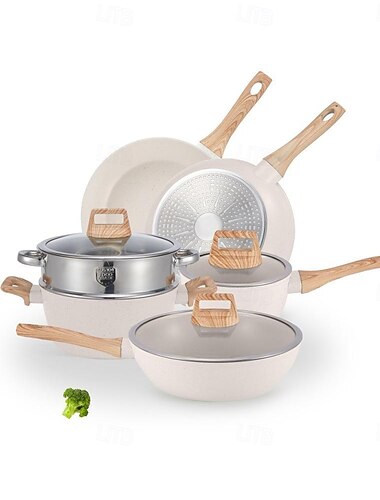  12-delers sett med gryter og panner, non-stick kokekarsett, hvitt