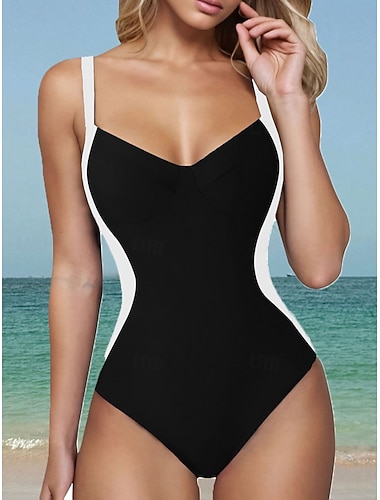  Damen Einteiler Badeanzug Schlankmachend Colorblock Monokini Slips Bauch Kontrolle Hohe Taille Slim Rückenfrei Elegant Urlaubs Farbblock V-Ausschnitt Ärmellos Bademode