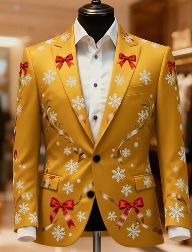  Kerstmis Voor heren Sneeuwvlok  Blazerjack Jas Comfortabel Ademend Artistiek Casual Feestavondkleding Dagelijks Festival 3D-afdrukken Knop Herfst winter Inkeping Lange mouw blauw Geel Rood