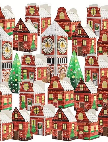  Calendario de Adviento navideño de 24 piezas - diseño de casita de jengibre roja y blanca con reloj dorado y escena de pueblo nevado, perfecto para regalos de fiestas navideñas y decoración navideña