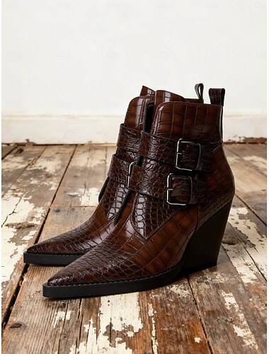 Damstövlar med vinröda krokodilmönster och dubbla spännen, snygga högklackade klackar med spetsiga tår för trendigt vardags- och kvällskläder