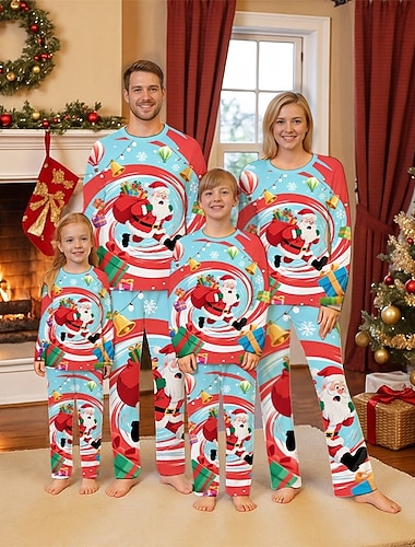  Olhar de família Natal Pijama de Natal para a Família Pijamas Conjuntos de família Gráfico Papai Noel Presentes de Natal Imprimir Azul Claro Manga Longa Diário Roupas Combinando