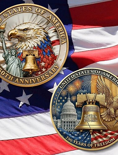  عملة تذكارية بمناسبة الذكرى السنوية الـ 250 لتأسيس الولايات المتحدة، تحمل شعار النسر والحرية - عملة تذكارية وطنية، بتصميم جرس وعلم الحرية الذهبي، مصنوعة من معدن متين للعرض، احتفالاً بالذكرى الـ 550 لتأسيس الولايات المتحدة.