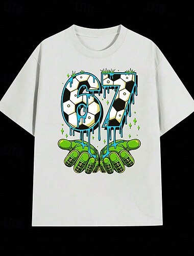  Bomull Barn Gutt Svart Hvit Grafisk Fotball Morsom slang 67 T skjorte Bluse Crew-hals Kortermet utendørs Hverdag Mote Gatemote Designer Printer Sommer