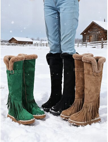  Cizme de zăpadă pentru femei, din piele întoarsă artificială, cu franjuri verzi și căptușeală din blană – încălțăminte elegantă de iarnă până la genunchi pentru vreme rece, zăpadă și aventuri în aer liber