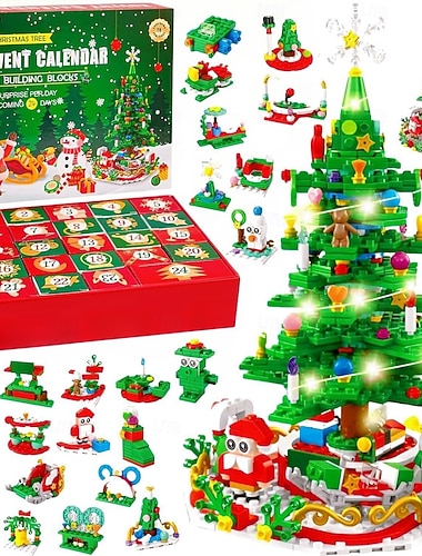  Adventskalender 2025 voor volwassenen, kinderen, meisjes, jongens, tieners, vrouwen, mannen, kerstboombouwset, 24 dozen, kerstaftelkalender, bouwstenen met led-lampjes, kerstcadeautjes voor kinderen.