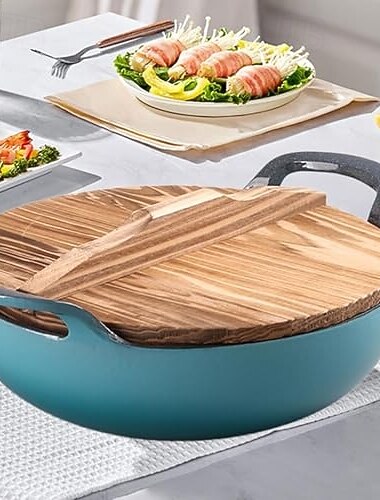  gjutjärnsgryta, robust soppgryta för hushållsbruk, universella köksapparater med trälock, induktionshäll för hemmet