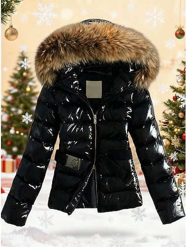  Жен. Стеганая куртка Повседневная куртка Сохраняет тепло Удобный Молния Карман Отделка из искусственного меха Мода На каждый день Полотняное плетение Рождество Для улицы Повседневные На каждый день