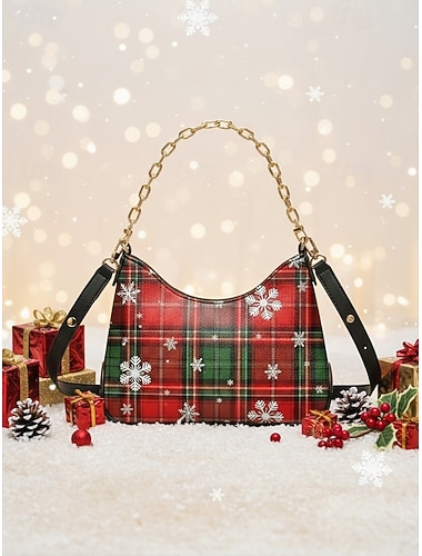  Damen Handtasche Crossbody-Tasche Baguette-Tasche Schultertaschen PU-Leder Weihnachten Ferien Alltagstauglich Reißverschluss Kette Druck Wasserdicht Mehrfach tragbar Schneeflocken Schwarz / Rot Rot