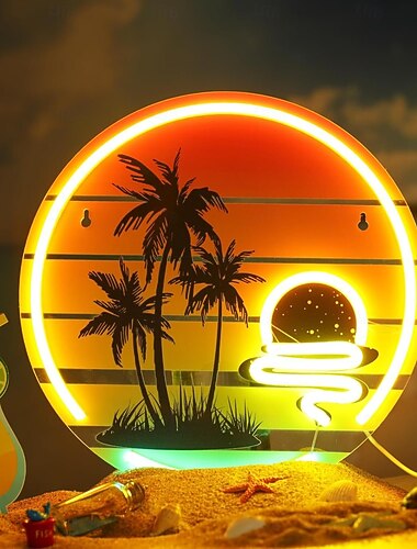  Letreiro de néon tropical com palmeiras ao pôr do sol, luz de néon USB para decoração de parede, letreiros de LED coloridos para bar, quarto, bar com tema de praia, restaurante e festa.
