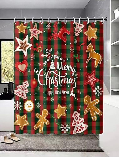  1 szt. 180x180cm, czerwony świąteczny &Zielona zasłona prysznicowa z motywem piernika – artystyczny obraz akwarelowy, szybkoschnąca poliestrowa zasłona łazienkowa z haczykami do dekoracji wnętrz