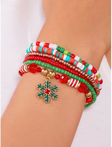  Damskie bransoletki z koralików świątecznych, stop i akryl, świąteczne kolory: czerwony, zielony i biały, biżuteria świąteczna ze płatkami śniegu, zawieszkami w kształcie Świętego Mikołaja i choinki