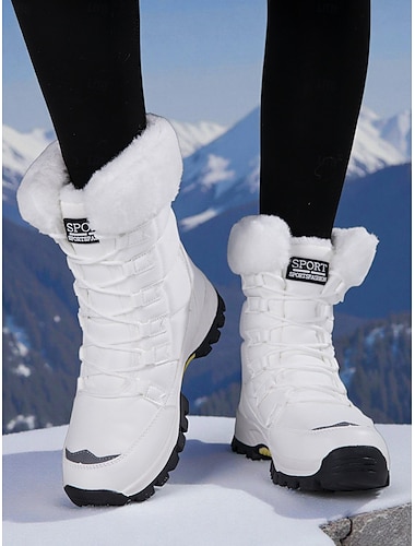  Weiße Damen-Winterstiefel mit Fellbesatz – wasserdichte Schnürstiefeletten mit Plateau für Wandern, Skitouren und Wintersport