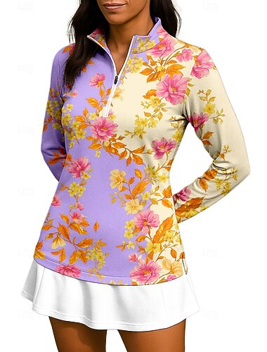  Damen Blumenmuster Oberteile Shirt Sporthemd Golf-Poloshirt Langarm Reißverschluss Blumen UPF50+ UV-beständig Hohe Elastizität Feuchtigkeitsableitend Atmungsaktiv Volleyball Tennis Golfspiel