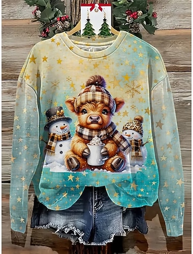  Dame Genser med genser Lapper Grafisk Dyr Ku Fritid Langermet Rund hals Vanlige topper Avslappet Gate Hverdag Svart Hvit Rød Lilla Grønn Høst Vinter