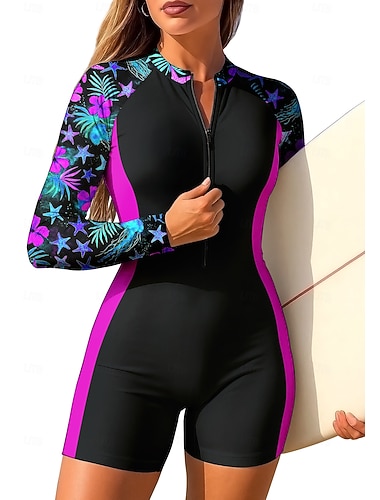  Damen Mittel Regulär Anti UV Shirt Einteiliger Surfanzug Badeanzug Blumen Blumenmuster Tropisch Reißverschluss mit integriertem BH Herausnehmbare Polsterung UV-Sonnenschutz UPF50+ Ultraleicht (UL)