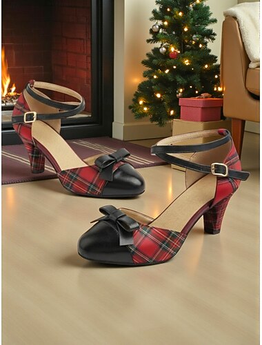  Damen-Sandalen mit Karomuster, Knöchelriemen und Schleifendetail – Vintage-Stil der 1950er Jahre, bequeme Blockabsätze für Weihnachten, festliche Anlässe und den Alltag