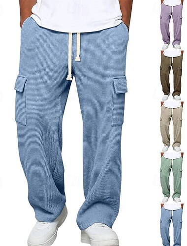  Homme Gauffré Jogging Cargo Pantalons Pantalon de survêtement droit Cordon de serrage Taille Élastique Multi-poches Uni Évacuation de l'Humidité Respirant Longueur complète Sport en Plein Air
