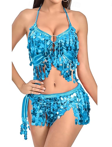  Samba Danseklær Justerbart Bånd Opp Paillett Fring Skjørt Topp Sett Kvinne Funklende Magedansekjole 2 Deler Ytelses Kostyme
