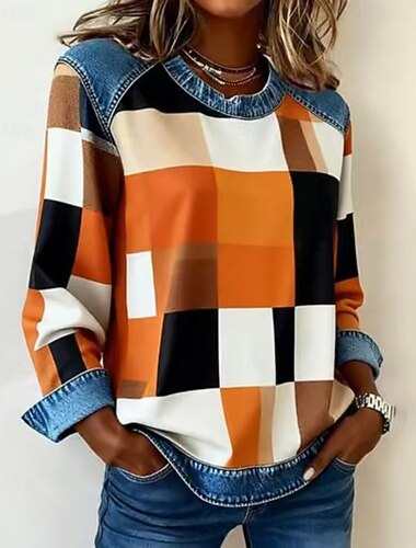  نسائي كنزة صوفية منقوش أنيق نشيط عتيق كم طويل رقبة دائرية قمصان عادية المنزل عمل شارع بقع أزرق وردي بلاشيهغ برتقالي رمادي الربيع الخريف الشتاء