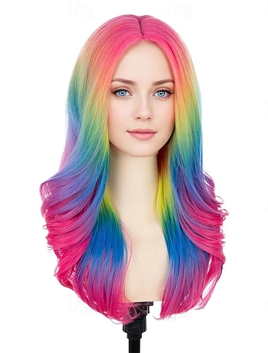  Peluca de carnaval 2026 Rosa Azul Verde Rizado Ondulado Larga Peluca sintética para festival Carnaval Desfile Cabello para disfraz de cosplay para Mujer